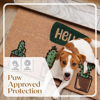 Coir Door Mats 17" X 30", Non-Slip Sturdy, PVC Backed Heavy Duty, Easy to Clean, Ideal for Door Entrance, Patio, Porch, Backyard, Garages, Hello Cactus