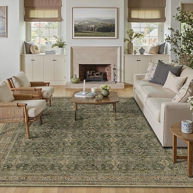 8x10 Area Rug for Living Room Green Brown Vintage Washable Bedroom Carpet Traditional Distressed Soft Non Slip Indoor Large Accent Rug Retro Thin Low Pile Floor Cover for Dining Room Playroom