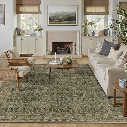 8x10 Area Rug for Living Room Green Brown Vintage Washable Bedroom Carpet Traditional Distressed Soft Non Slip Indoor Large Accent Rug Retro Thin Low Pile Floor Cover for Dining Room Playroom