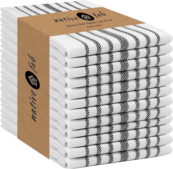 Native Fab Black Stripe Kitchen Towels 12 Pack Herringbone Scandia Weave 16"x26" by NativeFab