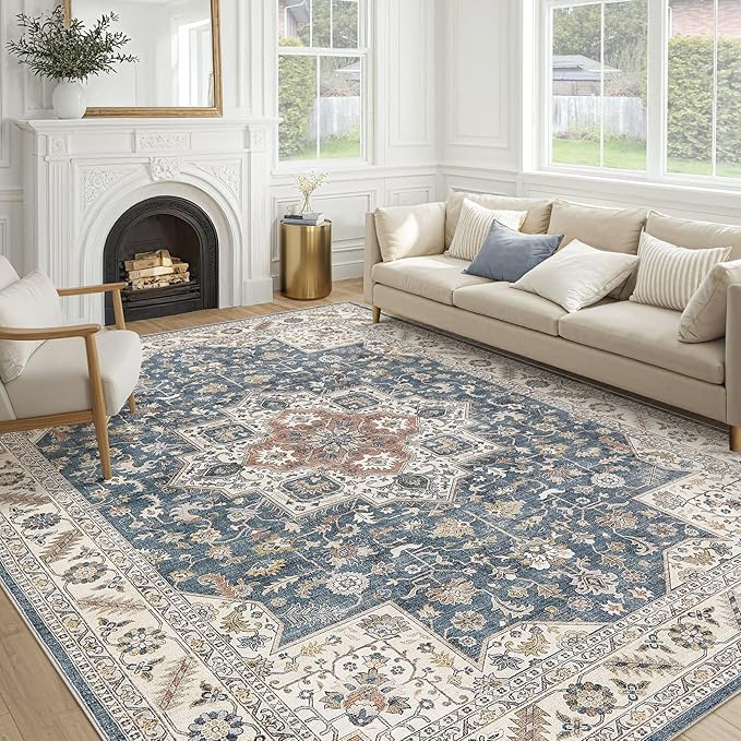 Vintage Living Room Area Rug 5x7 - Large Soft Washable Oriental Traditional Distressed Farmhouse Rugs for Bedroom - Indoor Floor Accent Carpet for Home Office House Decor - Vintage Blue