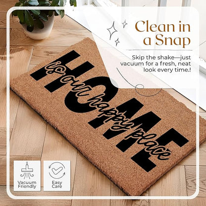 Coir Door Mats 17" X 30", Non-Slip Sturdy, PVC Backed Heavy Duty, Easy to Clean, Ideal for Door Entrance, Patio, Porch, Backyard, Garages, Home is Our Happy Place