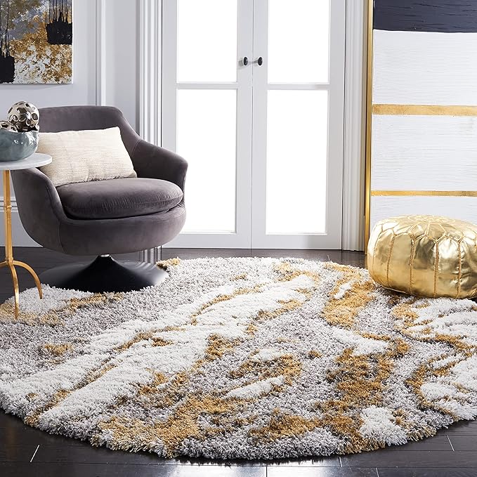 SAFAVIEH Horizon Shag Collection Area Rug - 9' Round, Grey & Gold, Modern Abstract Design, Plush 2.5-inch Thick, Ideal for High Traffic Areas in Living Room, Bedroom, Dining (HZN890D-9R)
