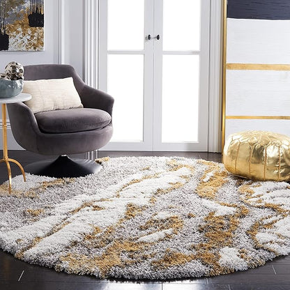 SAFAVIEH Horizon Shag Collection Area Rug - 9' Round, Grey & Gold, Modern Abstract Design, Plush 2.5-inch Thick, Ideal for High Traffic Areas in Living Room, Bedroom, Dining (HZN890D-9R)