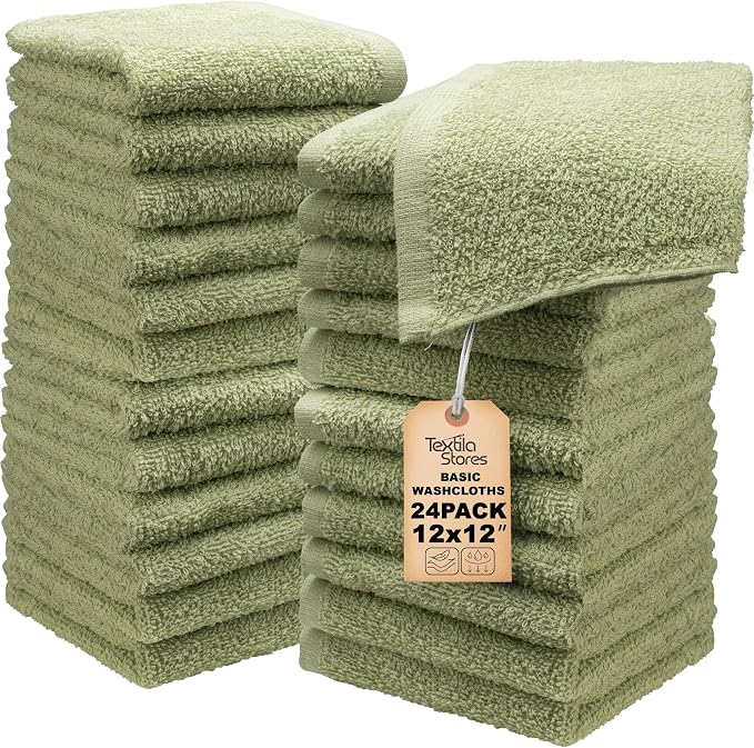 Basic Wash Cloths 12x12 Inches – Bulk Pack of 24 – Sage Green Color – Soft and by TEXTILA