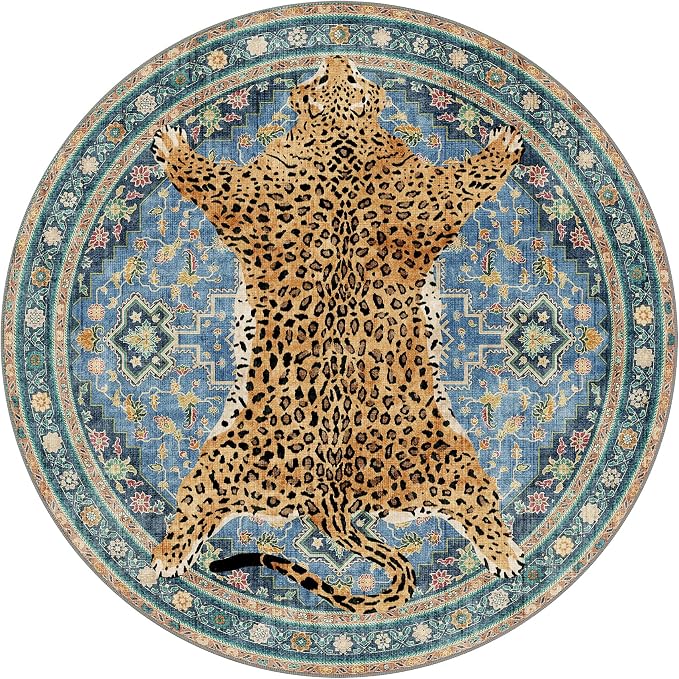 Bavni 4FT Leopard Round Rug, Machine Washable Cheetah Animal Print Low Pile - Image 8