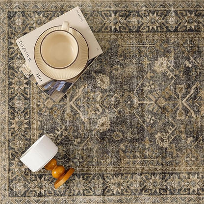 8x10 Brown Black Area Rug for Living Room Washable Vintage Distressed Carpet Large Bedroom Low Pile Non Slip Indoor Soft Retro Throw Accent Rug Office Kitchen Bathroom Dining Room