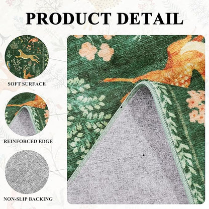 DUKINO 4x6 Rug, Washable Animal Area Rug with Non Slip Vintage Design, Indoor Soft Low Pile Carpet for Bedroom, Nursery, Dining Room, Farmhouse, Playroom, Green