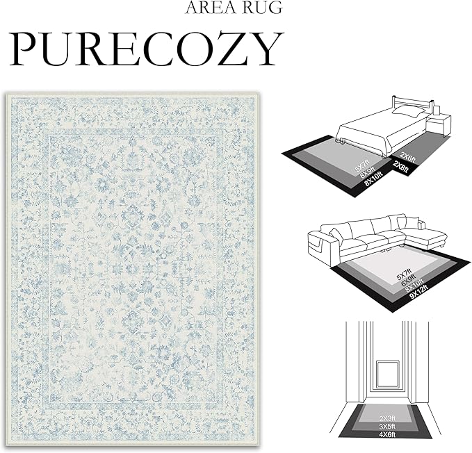 9x12 Blue Area Rug Non Slip Large Vintage Living Room Distressed Machine Washable Carpet Traditional Indoor Bedroom Blue Retro Floral Accent Throw Rug for Office Kitchen Dorm Dining Room
