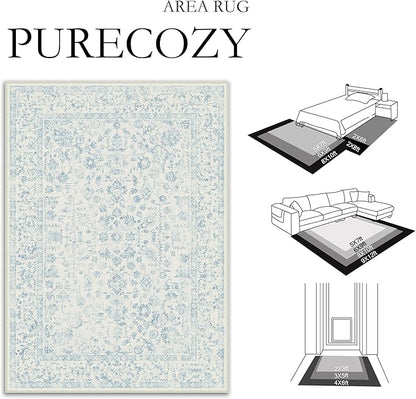 9x12 Blue Area Rug Non Slip Large Vintage Living Room Distressed Machine Washable Carpet Traditional Indoor Bedroom Blue Retro Floral Accent Throw Rug for Office Kitchen Dorm Dining Room