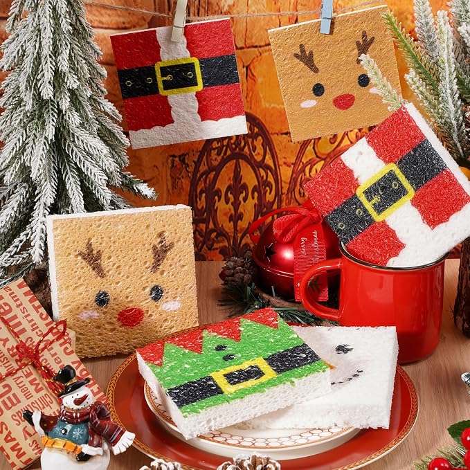 Whaline 8Pcs Christmas Character Kitchen Sponges Santa Reindeer Snowman Elf - Image 4
