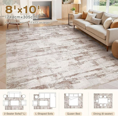 Abstract Living Room Rug 8x10 - Modern Washable Soft Thin Area Rug for Living Room Bedroom Under Dining Table - Neutral Indoor Floor Rug Carpets for Home Office Playroom Nursery - Light Brown