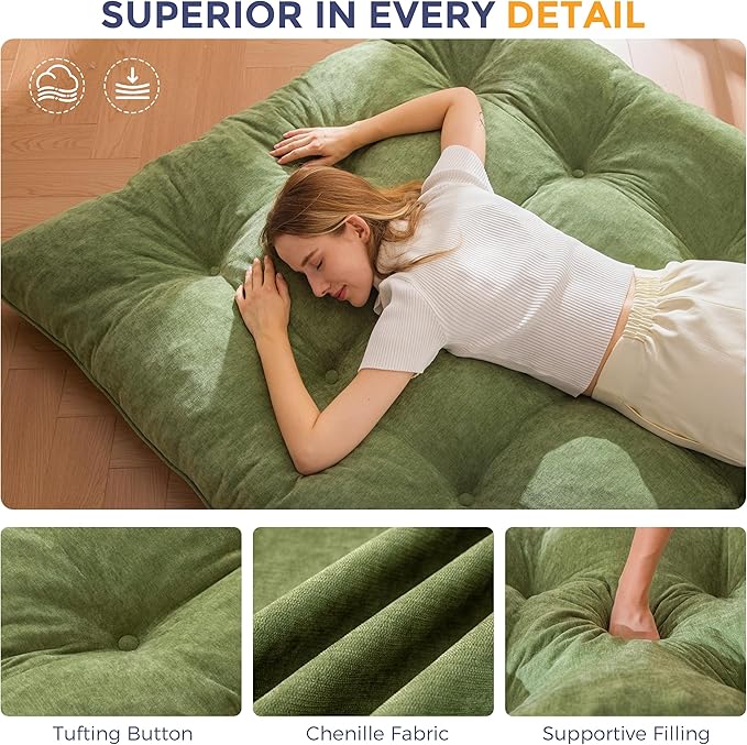 MAXYOYO Japanese Floor Mattress Full Size, 6" Foldable Futon Mattress Tufted Roll Up Floor Bed, Thick Chenille Tatami Mat Sleeping Pad for Camping Guest Room Dormitory Bedroom RV, Green