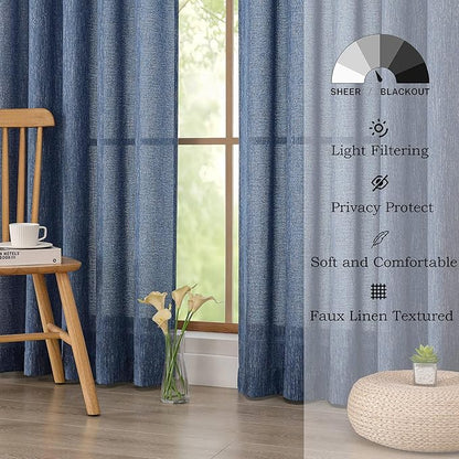 Simplebrand Navy Blue Semi Sheer Faux Linen Textured 120 Inches Long Curtains 2 Panels Set, Privacy Farmhouse Window Drapes for Living Room/Birthday Party/Hallway Window Guest Room, 50 x 120 Inch