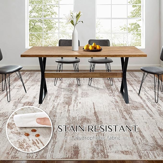 Abstract Living Room Rug 8x10 - Modern Washable Soft Thin Area Rug for Living Room Bedroom Under Dining Table - Neutral Indoor Floor Rug Carpets for Home Office Playroom Nursery - Light Brown