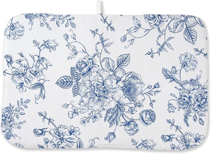 Blue Floral Dish Drying Mats 18x24 Inch Blue and White Chinoiserie Flower by GOLIANDA