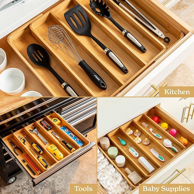 SMIRLY Silverware Drawer Organizer – Bamboo Kitchen Drawer Organizer, - Image 6