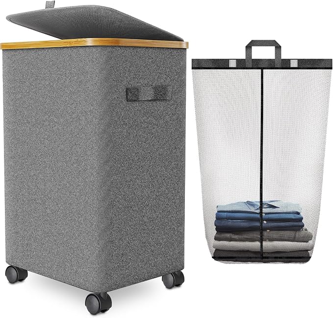 Laundry Hamper with Wheels, 20 Gal Laundry Basket with lid Rolling Clothes by Wuevu