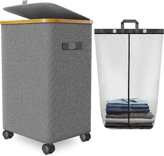 Laundry Hamper with Wheels, 20 Gal Laundry Basket with lid Rolling Clothes by Wuevu