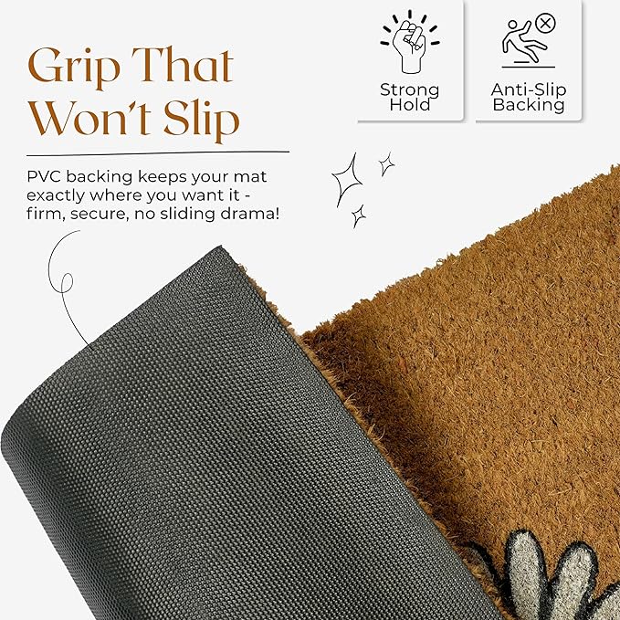 Coir Door Mats 17" X 30", Non-Slip Sturdy, PVC Backed Heavy Duty, Easy to Clean, Ideal for Door Entrance, Patio, Porch, Backyard, Garages, Welcome with Blue Daisy