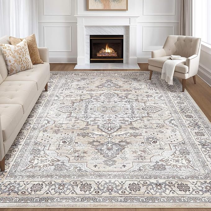 9x12 Area Rug Living Room: Washable Boho Large Neutral Vintage Soft Rugs Stain Resistant Farmhouse Non Slip Indoor Floor Carpet for Bedroom Nursery Kids Playroom Office Dining Room Home- Ivory Gray
