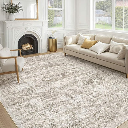 Vintage Living Room Area Rug 8x10 - Large Soft Washable Oriental Traditional Distressed Farmhouse Rugs for Bedroom - Indoor Floor Accent Carpet for Home Office House Decor - Distressed Light Brown