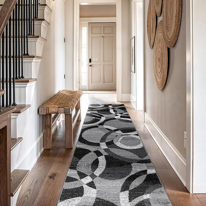 Rugshop Gray Modern Geometric Runner Rug, Abstract Circles, High-Traffic, Non-Shedding, for Hallway, Entryway and Kitchen, 2' x 10'