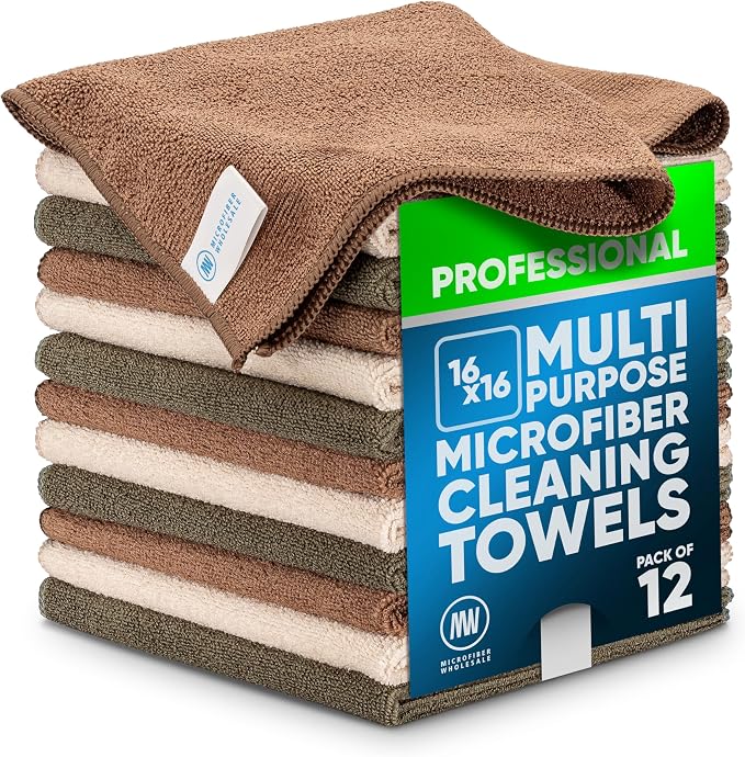 MW Pro Multi-Surface Microfiber Towel – Sand, Tan 12 Pack |16"x16" Premium by MicrofiberWholesale