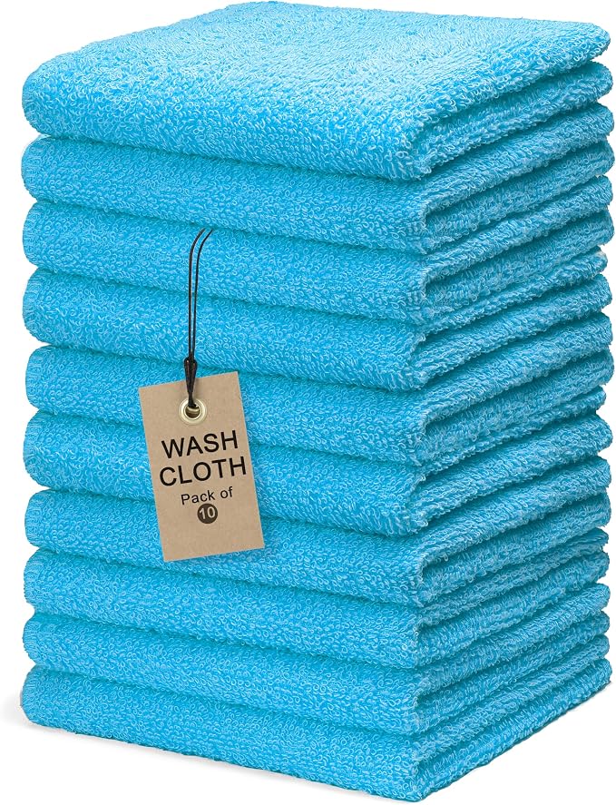 Textila Terry Wash Cloths – Pack of 10, Aqua Blue, 12x12 Inches – Soft by TEXTILA