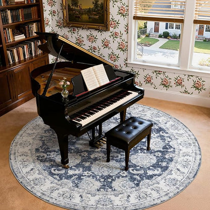 jinchan Fiora Round Rug 8ft Area Rug - Dark Blue Vintage Floor Mat Indoor Ultra-Thin Soft Floral Print - Washable Circle 8' Retro Accent for Farmhouse Non Slip Dining Room Living Room Bedroom Office