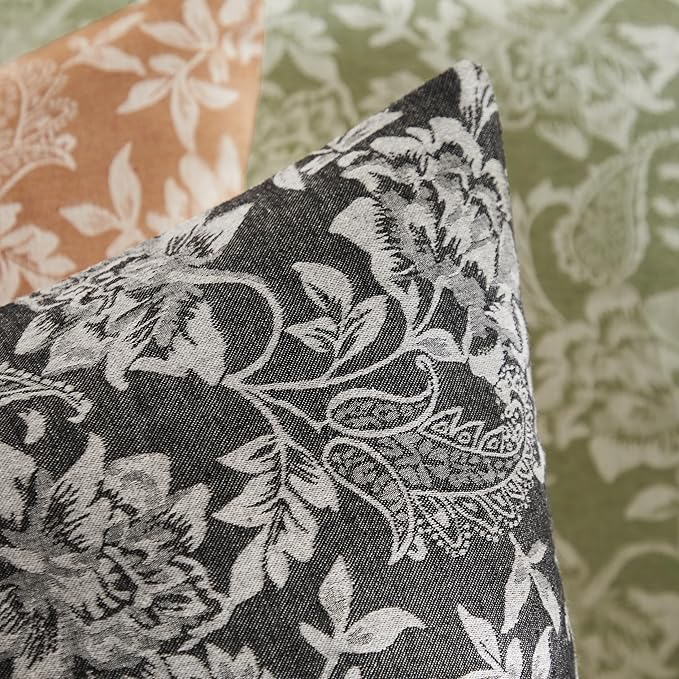 Floral Jacquard Throw Pillow Covers Set of 2, Background/Charcoal 16x16 Inch, Farmhouse Decorative Cotton Dark Grey Cushion Covers for Sofa Bed Living Room Home Decor