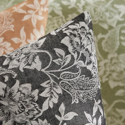 Floral Jacquard Throw Pillow Covers Set of 2, Background/Charcoal 16x16 Inch, Farmhouse Decorative Cotton Dark Grey Cushion Covers for Sofa Bed Living Room Home Decor