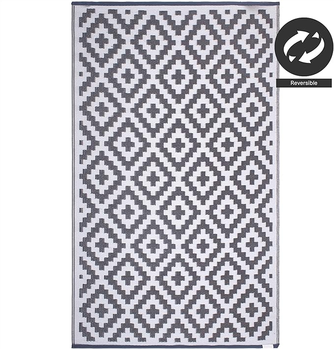 FH Home Outdoor Rug - Waterproof, Fade Resistant, Reversible - Premium Recycled Plastic - Geometric - Porch, Deck, Balcony, Mudroom, Laundry Room, Patio - Aztec - Gray & White Crease Free - 3 x 5 ft