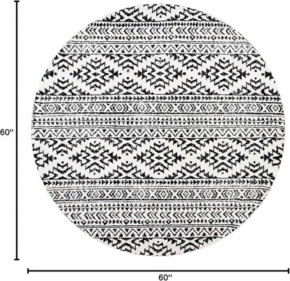 SAFAVIEH Tulum Collection Area Rug - 5' Round, Ivory & Black, Moroccan Boho Tribal Design, Non-Shedding & Easy to Clean, Ideal for Living Room, Bedroom, Dining Space (TUL272B)