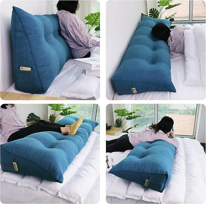 Wedge Headboard Pillow Dorm Room Reading Pillow Back Support for Sitting Up in Bed Bolster Lumbar Cushion Body Positioning Bedrest Cotton Linen 54in Blue Full