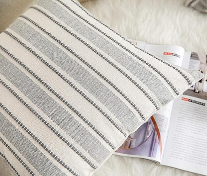 Decorative Boho Throw Pillow Covers, Farmhouse Textured Pillow Case, 20 x 20 Inch Set of 2, Chair Sofa Bedroom Living Room Home Decor Couch Cushion Case, Grey and Beige Striped