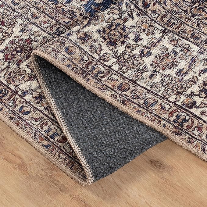 Bloom Rugs Washable Non-Slip 7 ft Runner - Dark Blue/Beige Traditional Medallion Runner for Entryway, Hallway, Bathroom, and Kitchen - Exact Size: 2.5' x 7'