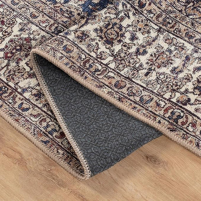 Bloom Rugs Washable Non-Slip 7 ft Runner - Dark Blue/Beige Traditional Medallion Runner for Entryway, Hallway, Bathroom, and Kitchen - Exact Size: 2.5' x 7'