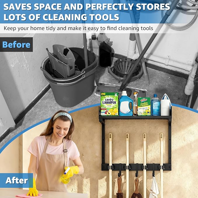 Broom Holder Wall Mount, Heavy Duty Iron Utility Rack - Image 3