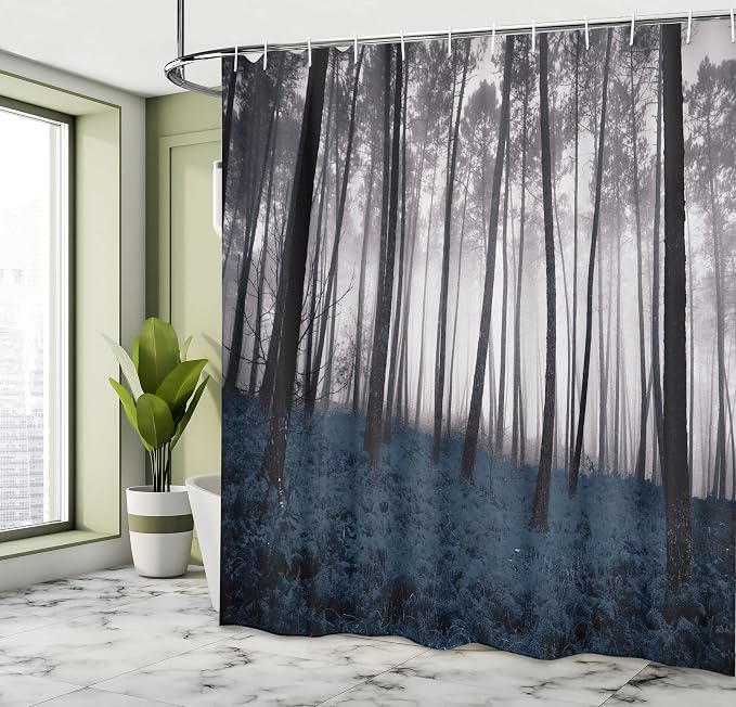 Ambesonne Forest Shower Curtain, Mystical Fantasy Woodland Under Heavy Fog Tall - Image 3