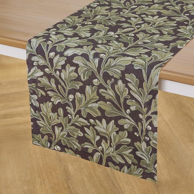 Solino Home 100% Pure Linen Table Runner 72 Inches Long - Floral Print Green and Brown Table Runner 14 x 72 Inch - Handcrafted and Machine Washable - Fallen Leaves Print