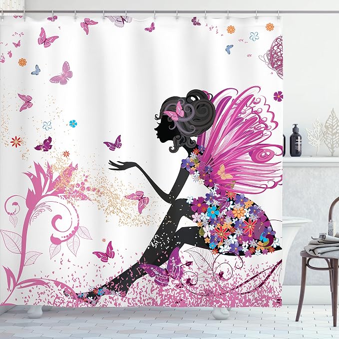 Ambesonne Fantasy Shower Curtain, Spring Girl Wings in a Floral Dress Surreal by Ambesonne