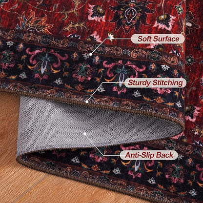 Tangsoo 2x3 Washable Rugs for Entryway, Vintage Floral Rug Red Small Area Rug Non-Slip Soft Low Pile, Small Carpet Door Mat, Front Door Indoor Throw Rugs for Entrance Kitchen Entry