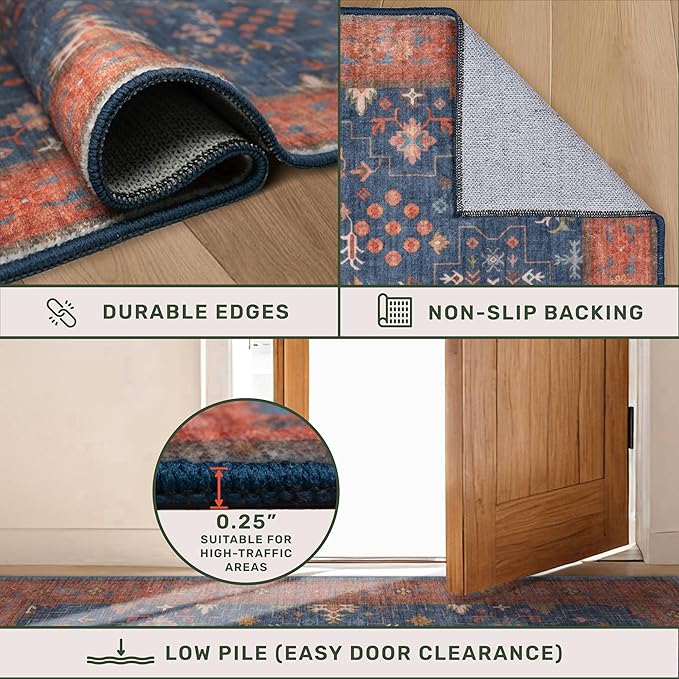 Navy Blue Washable 10 ft Long Runner for Kitchen Floor - 2'6"X10' Runner Rug for Hallway, Entryway, Pet Friendly Waterproof Non Slip with Rubber Backing, Stain Resistant Area Rug