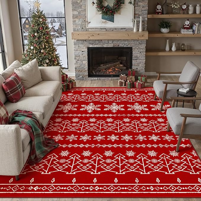 Christmas Area Rug 6x9 Red Washable Living Room Carpet Xmas Snowflake Holiday - Image 4