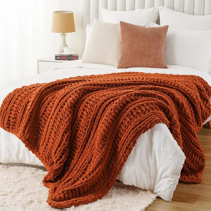 Battilo Orange Chunky Knit Throw Blanket for Couch, Fall Throw Blanket, Rust Throw Fall Decorations, Thick Warm Cozy Soft Chenille Throw Blanket for Sofa, Bed, Living Room, 50"x60"
