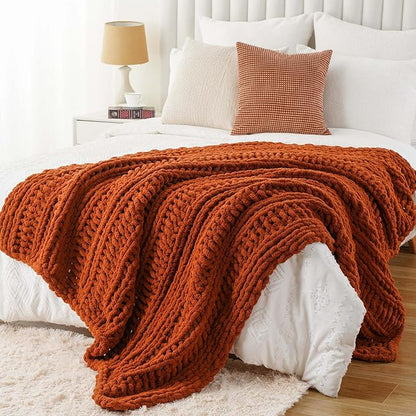 Battilo Orange Chunky Knit Throw Blanket for Couch, Fall Throw Blanket, Rust Throw Fall Decorations, Thick Warm Cozy Soft Chenille Throw Blanket for Sofa, Bed, Living Room, 50"x60"