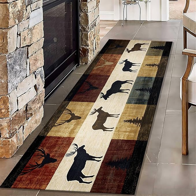 Colorful Elk Pine Tree Bohemian Hallway Rug 3.3x10ft with Checkered Texture - Retro Washable Kitchen Mat, Non-Slip Floor Decor for Dining Room Balcony, Canvas Art Style