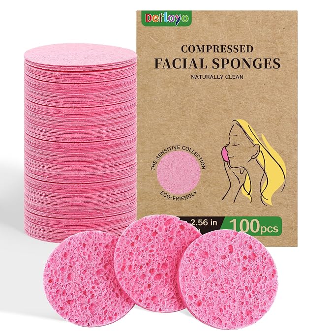 100-Count Compressed Facial Sponges, Natural Cellulose Face Sponges by Derloyo