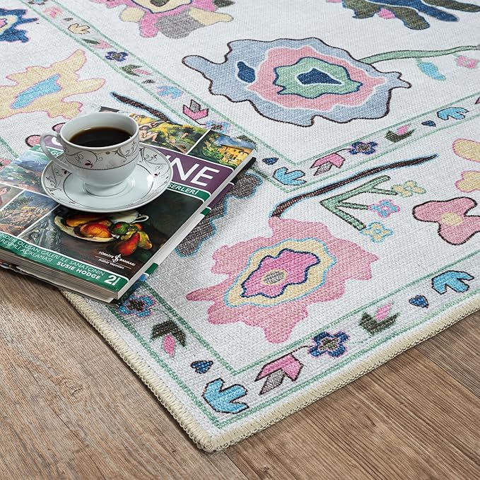 Fame Living Colorful Oushak Rug, Modern, Vintage, Turkish, Eclectic, Floral, Pastel, Washable, Extra Large Area Rugs for Living Room, Dining, Bedroom, Lounge, 9'x12'